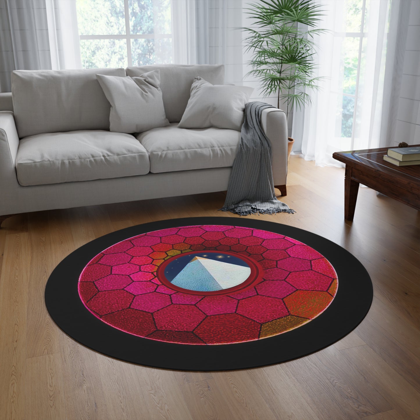 Round Room - 5 ft x 5 ft Lumpy Donut Rug - "Limestone Donut Rug so Large" - magenta hexadonut w/black background - variant 5