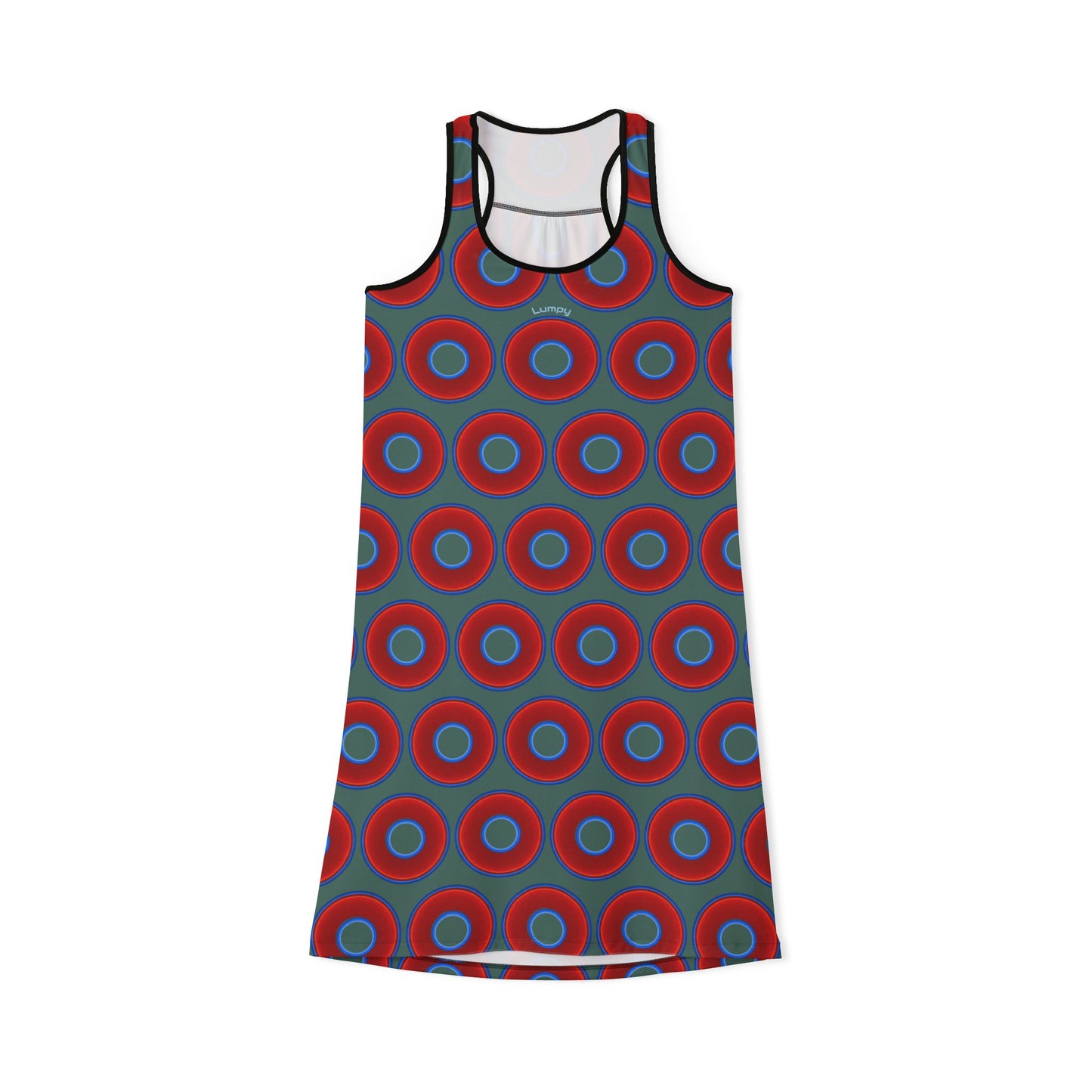 Tela's Lumpy Racerback Donut Dress - red vivid donut print w/Fenway green background