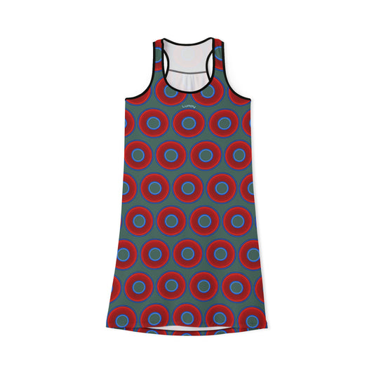 Tela's Lumpy Racerback Donut Dress - red vivid donut print w/Fenway green background