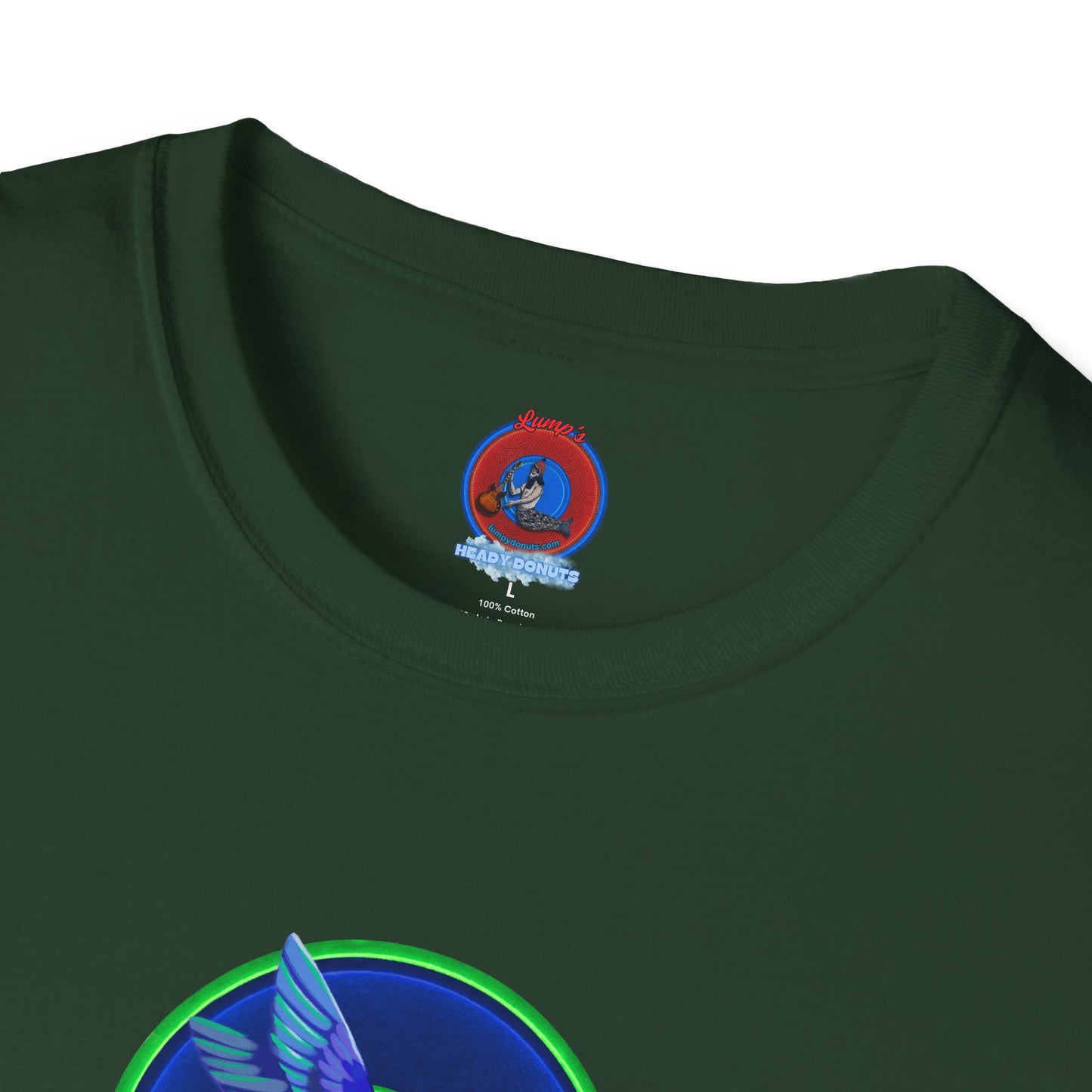Classic Donut Tee - Unisex Soft-Style - "Invitation for Donuts & Tea" - vivid blue/green donut