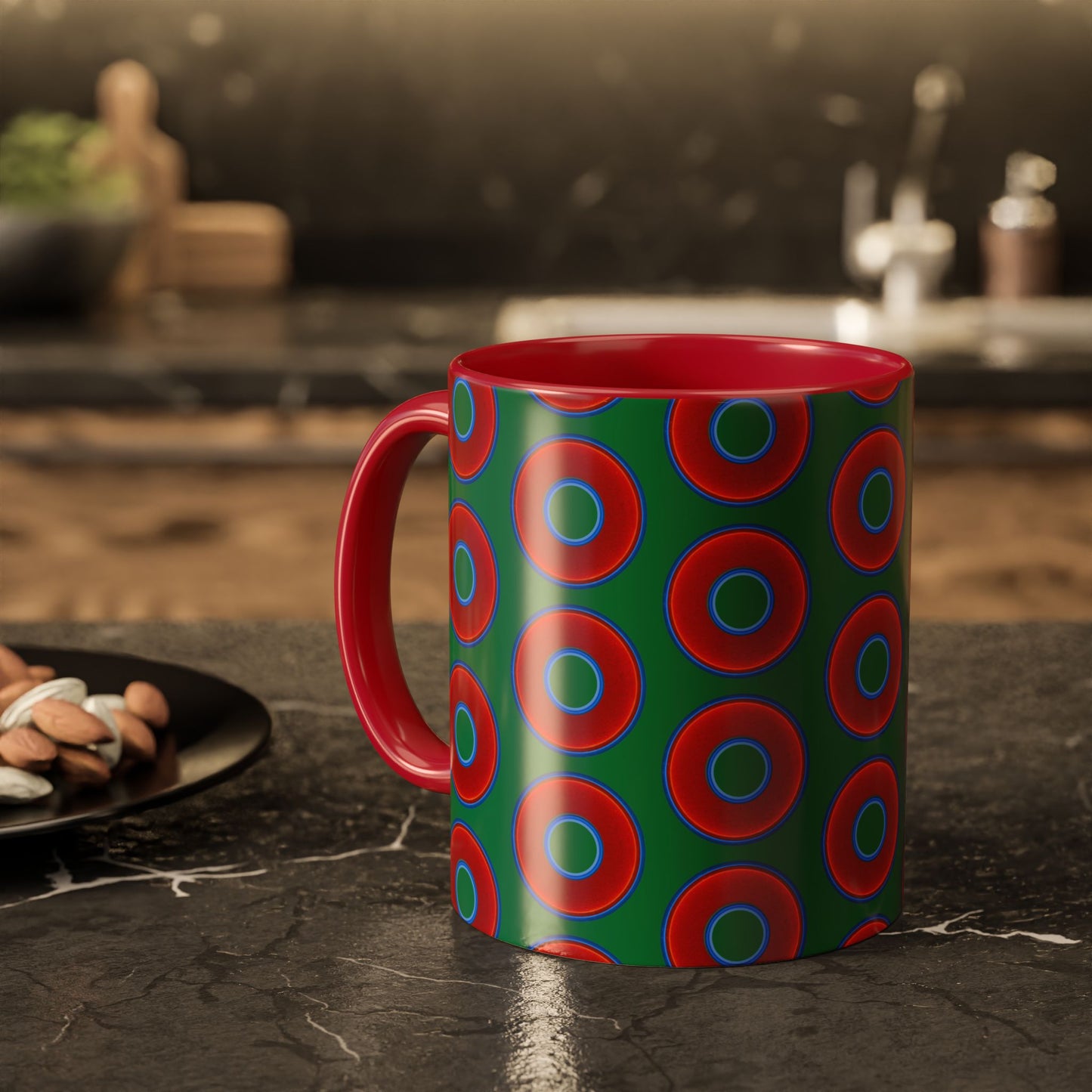 Lump's Grumpy Coffee Mug - vivid red donuts w/green background