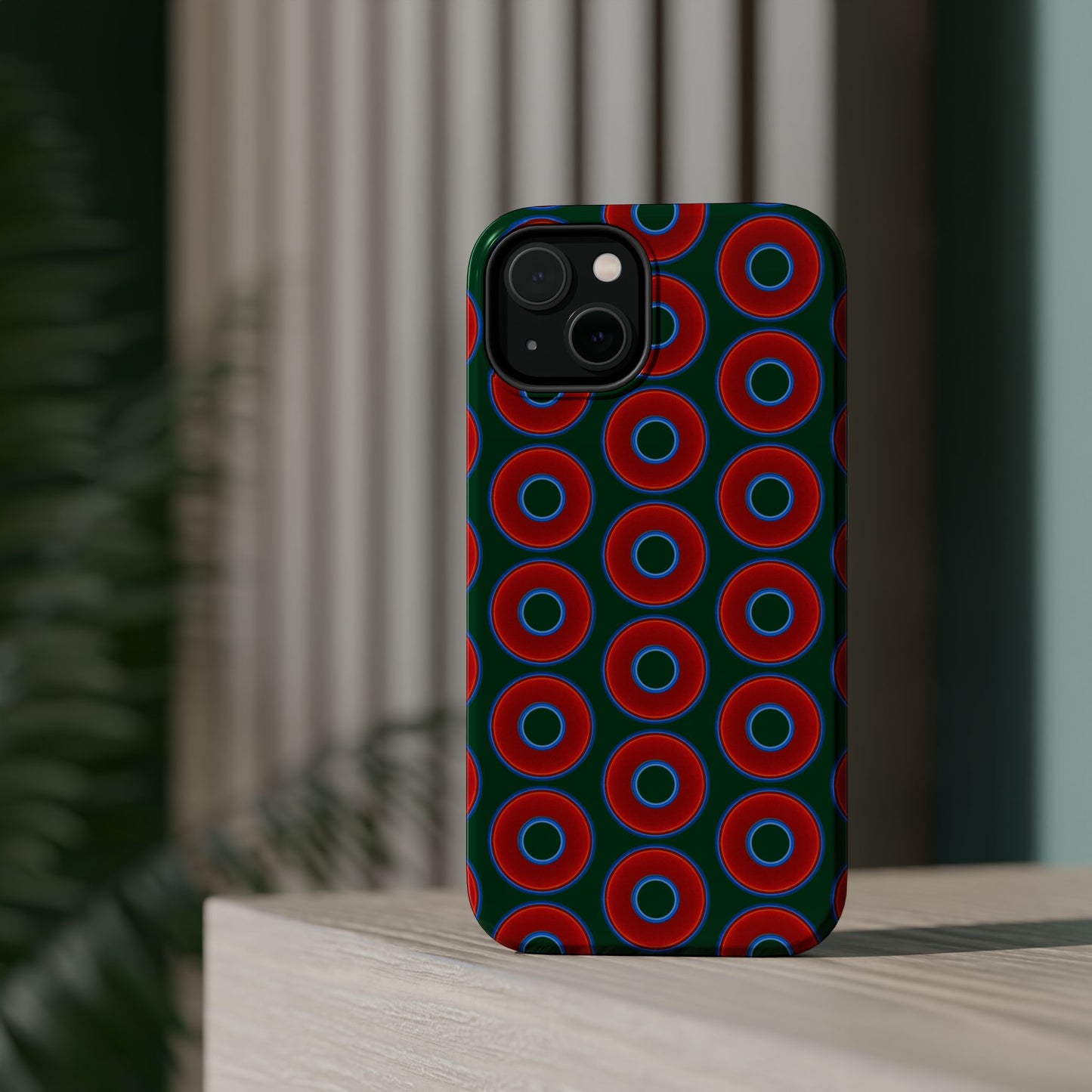Magnetic Tough Donut Case - red vivid donut print w/deep pond green background