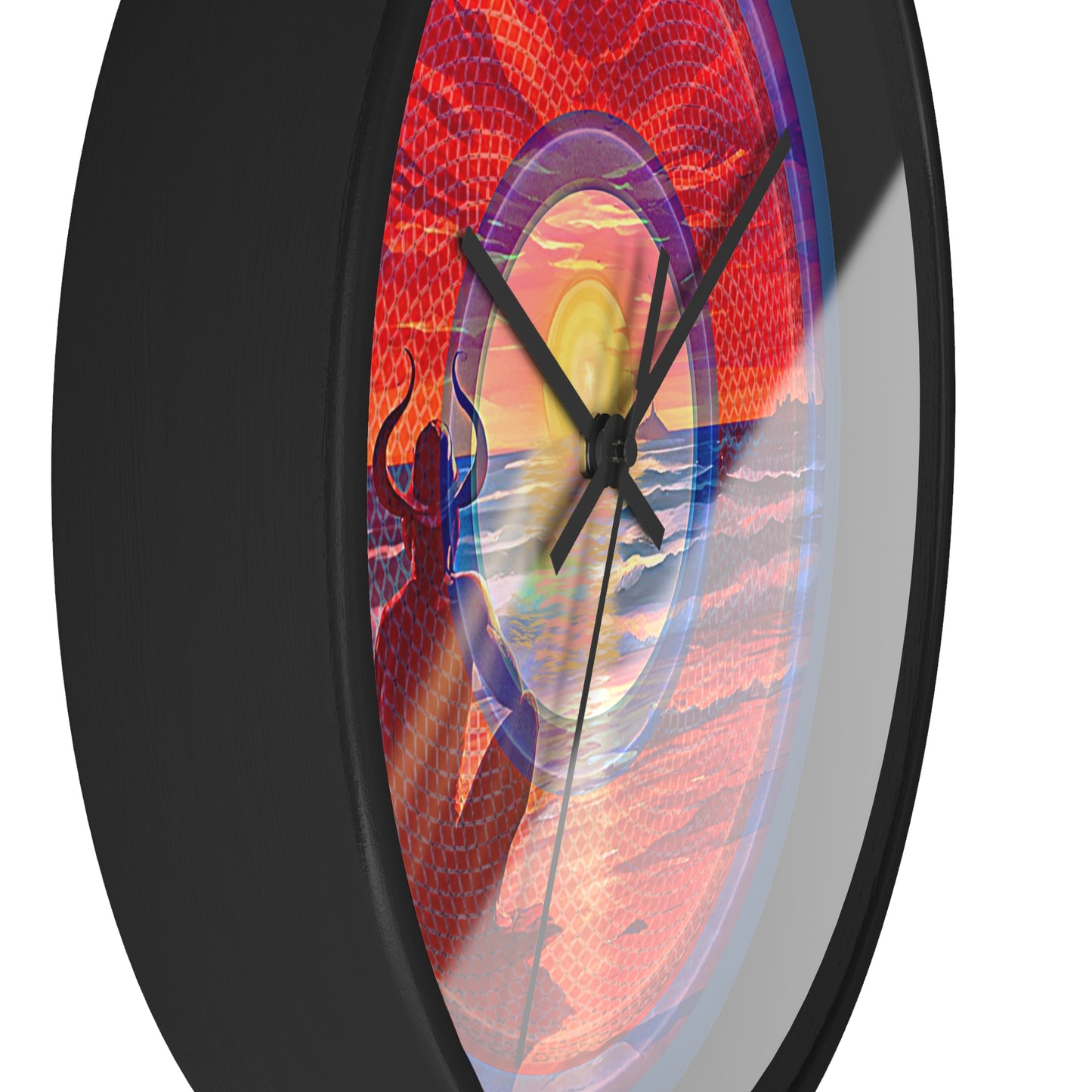 Lumpy Wall Clock - "The Squirming Donut of Sunset Clock" - red/blue rustic pic donut w/light navy background