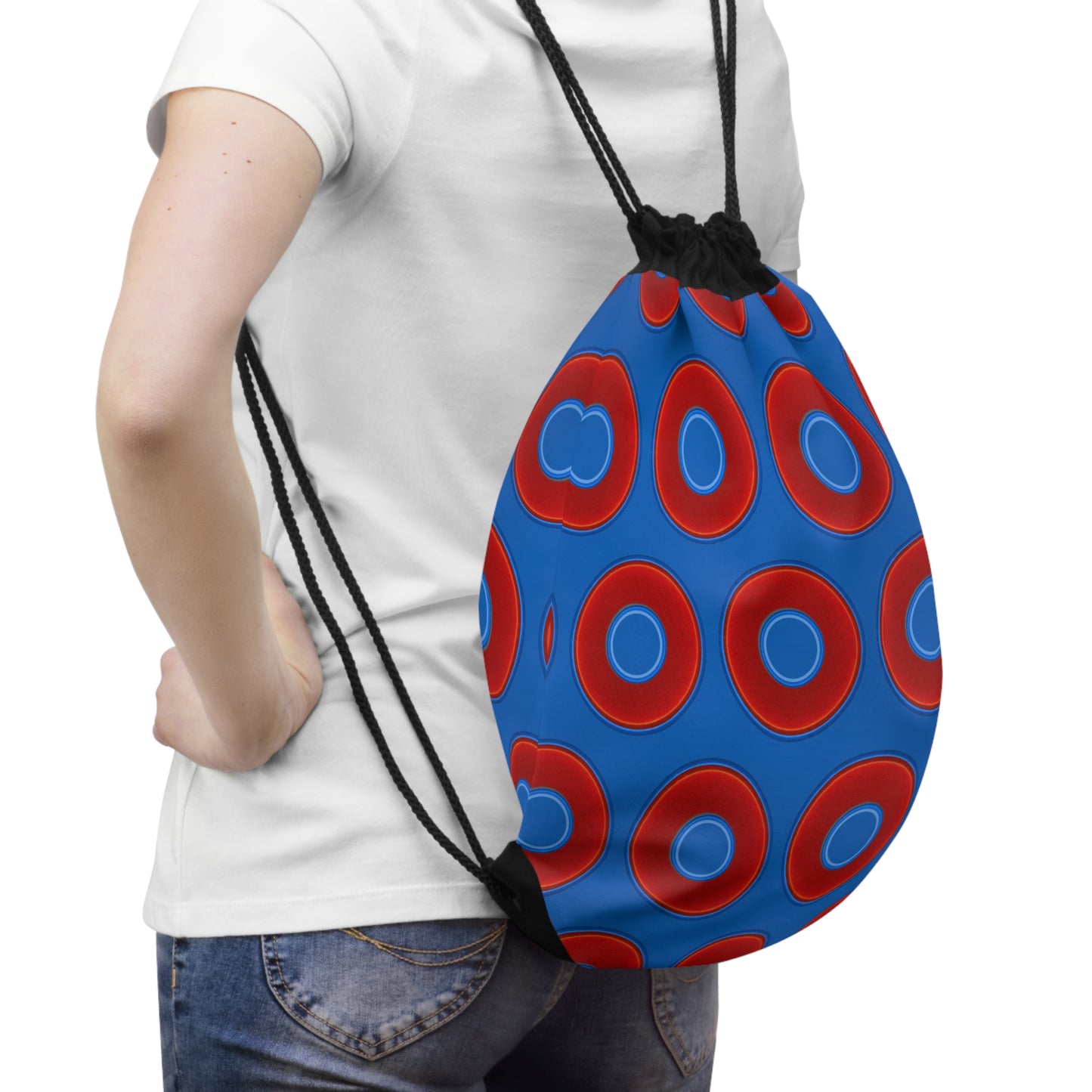 Lumpy Donut Drawstring Bag - red vivid donuts print w/dark royal blue background