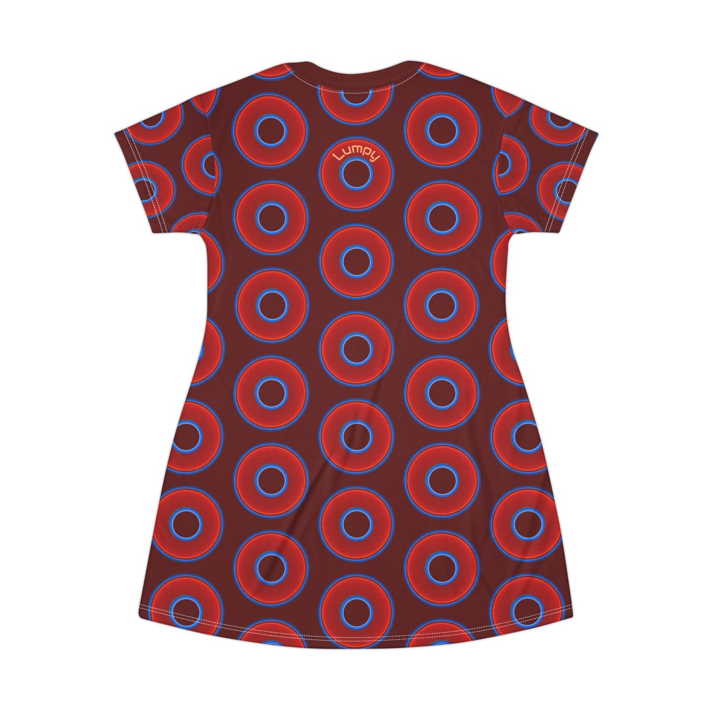 Not a Muumuu AOP Tee Shirt Dress - red vivid donuts w/dark red background