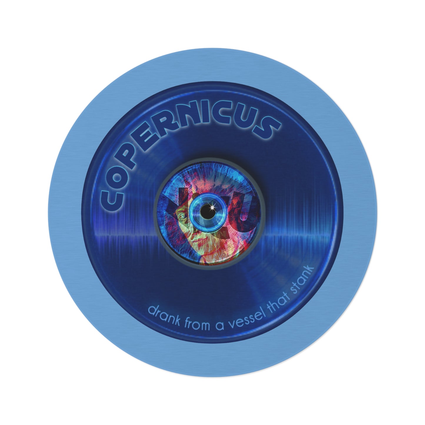 Round Room - 5 ft x 5 ft Lumpy Donut Rug - "Drunken Copernicus Donut Rug" -vivid blue record donut w/light blue background