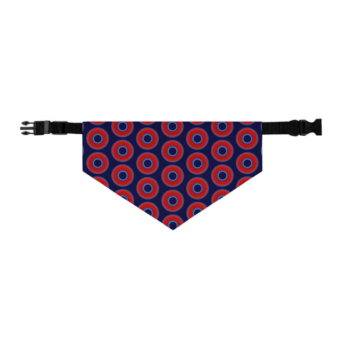 Jim's Lumpy Bandana Pet Collar - vivid red donuts w/midnight blue background