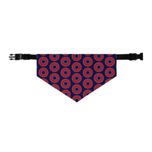 Jim's Lumpy Bandana Pet Collar - vivid red donuts w/midnight blue background
