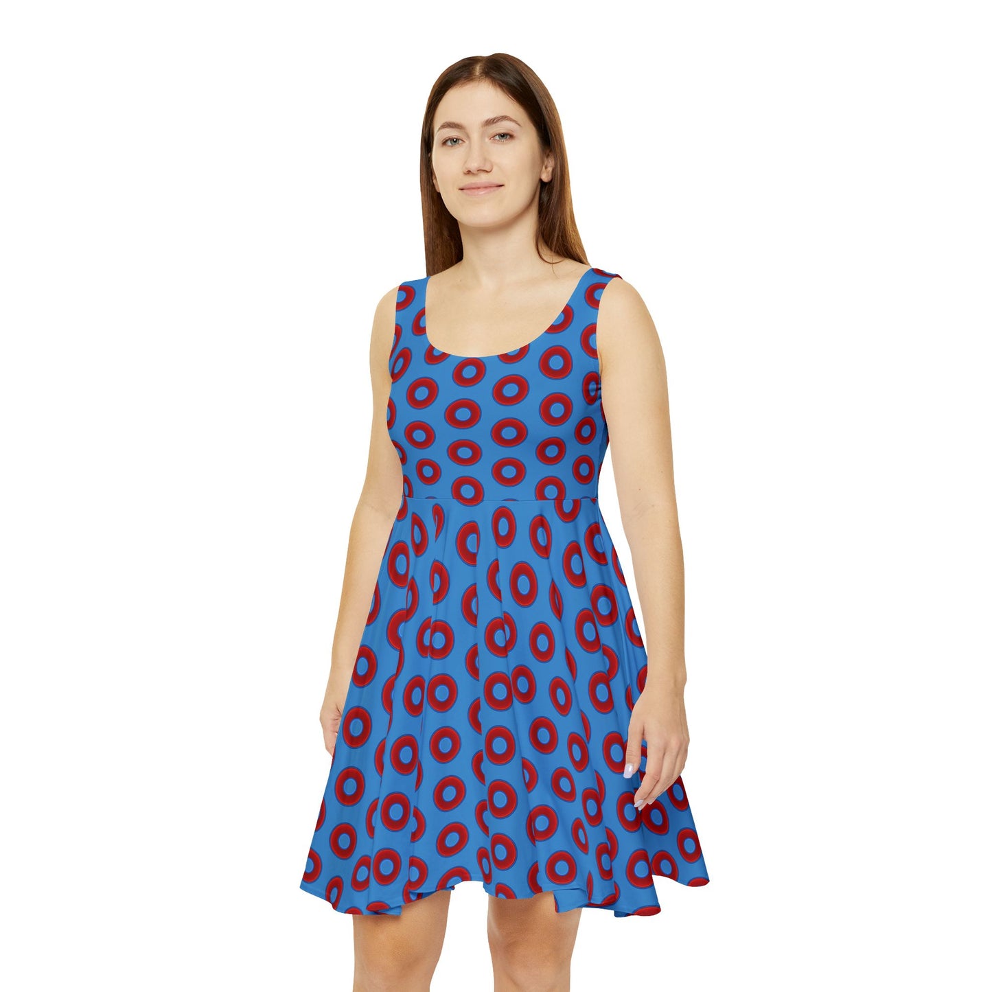 Women's Skater Donut Dress - vivid red donut print w/light steel blue background