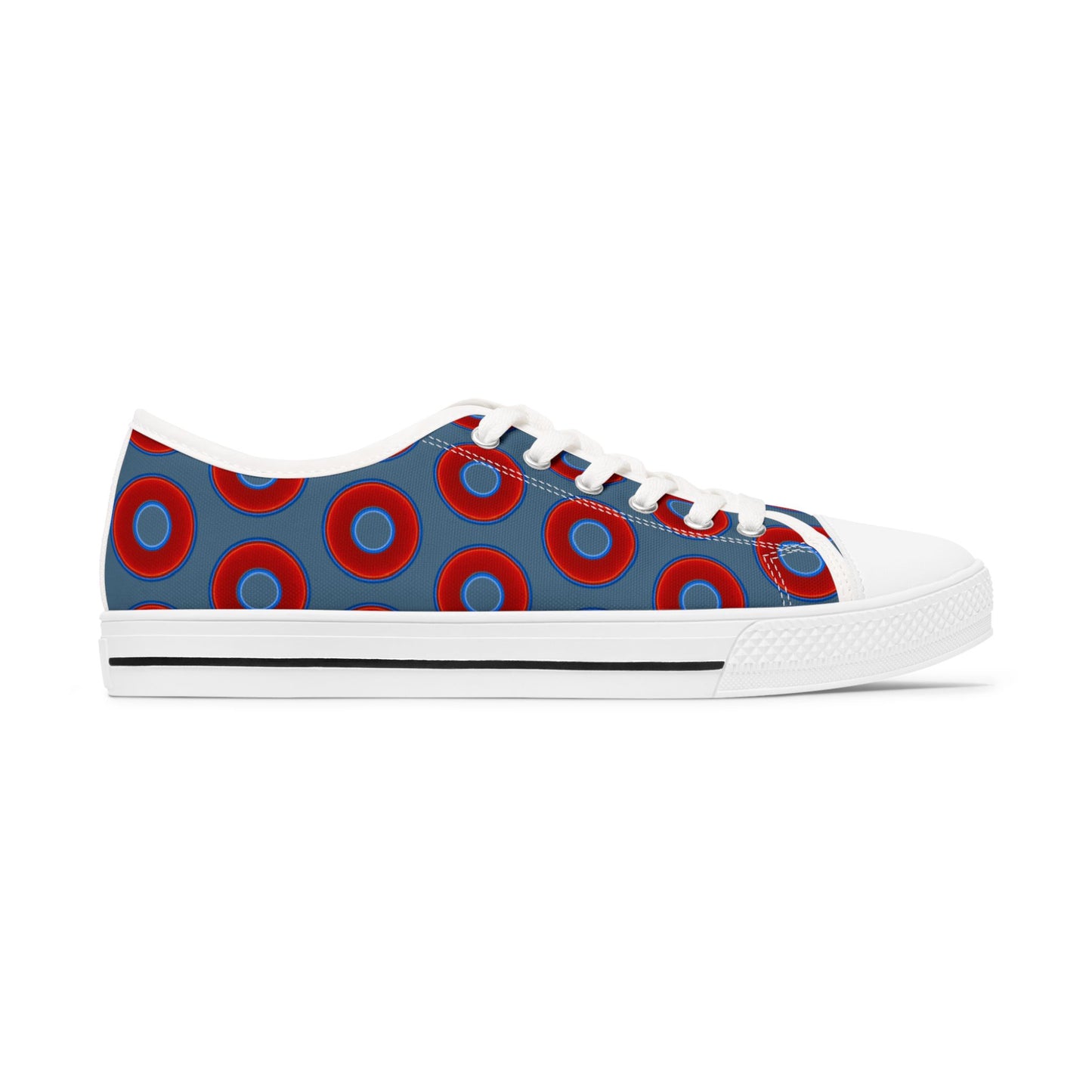 Women's - Low Top Chuck Taylors - large vivid red donut print w/steel bleu background