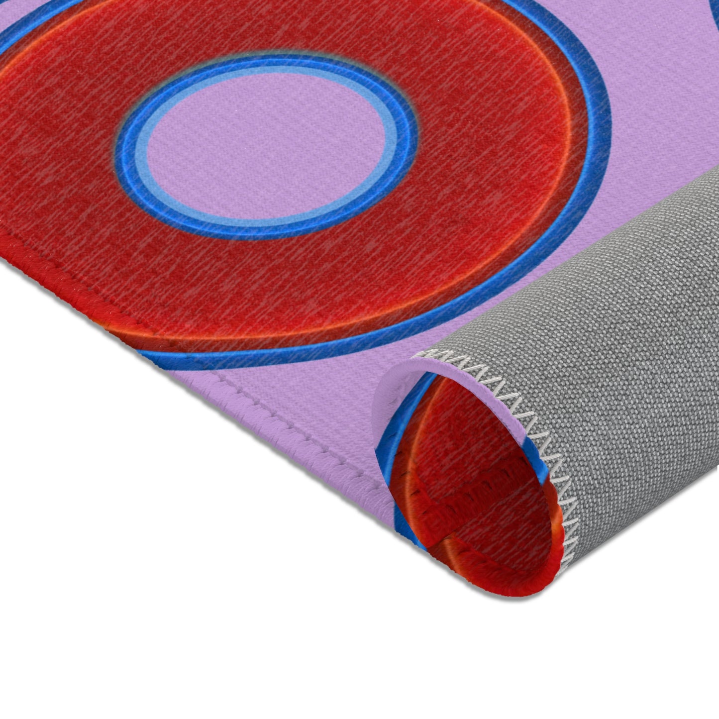 Lumpy Donut Print Rug - choice of 3 sizes - vivid red donut print w/wisteria purple background