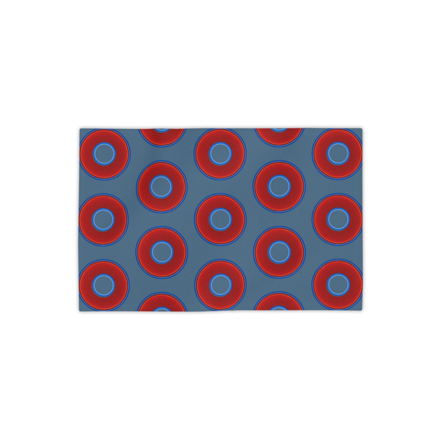 Lumpy Donut Towels - vivid red donuts w/steel blue background