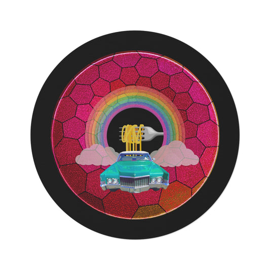 Round Room - 5 ft x 5 ft Lumpy Donut Rug - "Cadillac Rainbow Donut Rug" - magenta hexadonut w/black background - variant 3