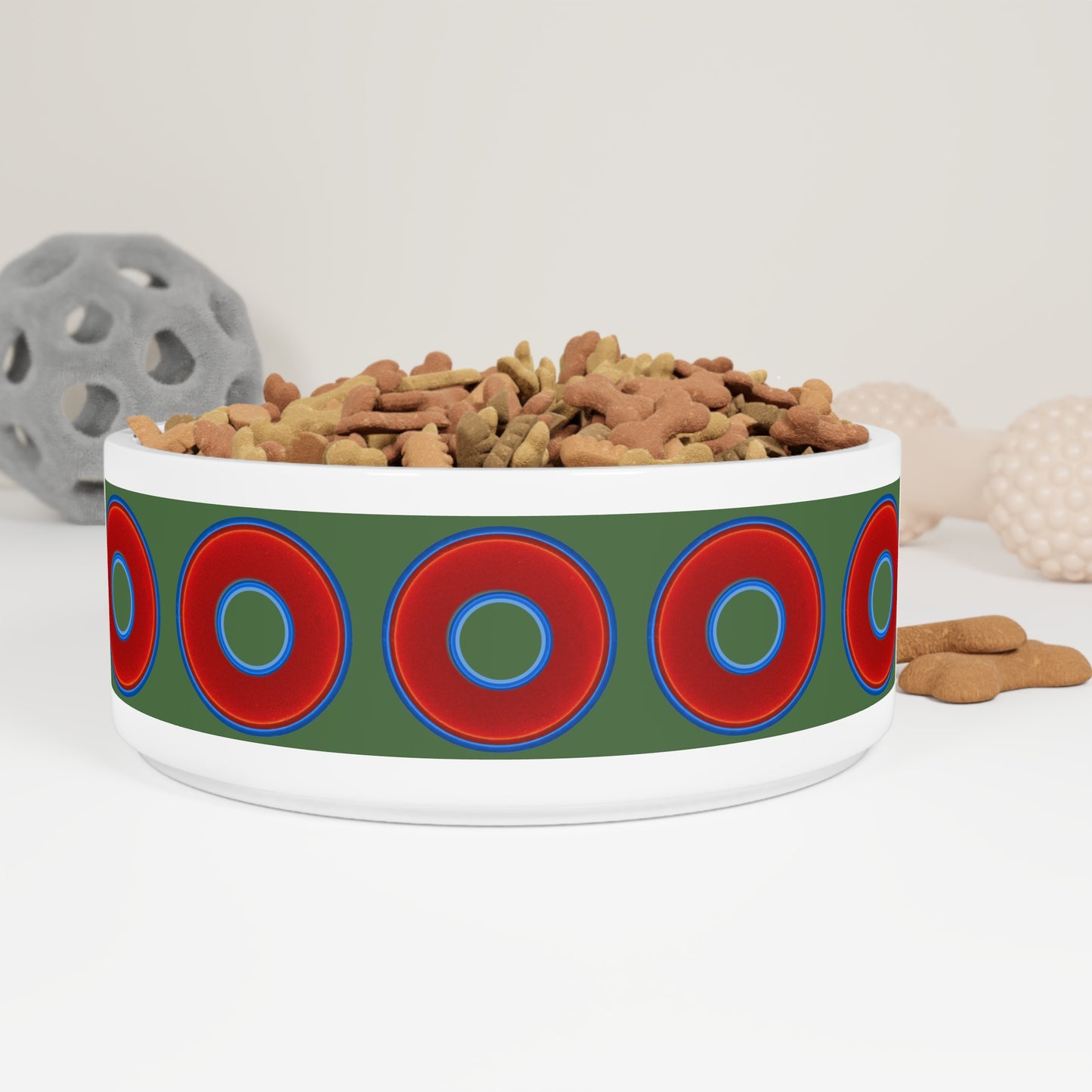 16 oz Lumpy Pet Bowl - vivid red donuts w/dark green background