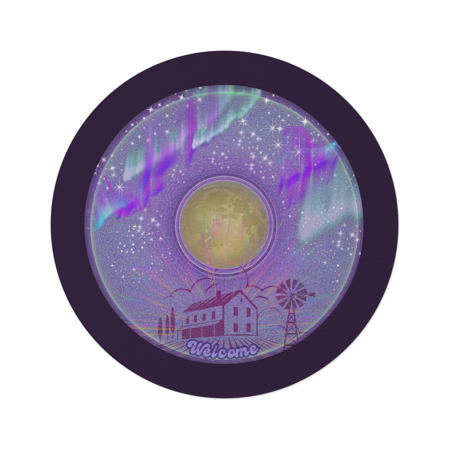 Round Room - 5 ft x 5 ft Lumpy Donut Rug - "Farmhouse Fresh Donut Rug" - vivid purple donut w/midnight purple background