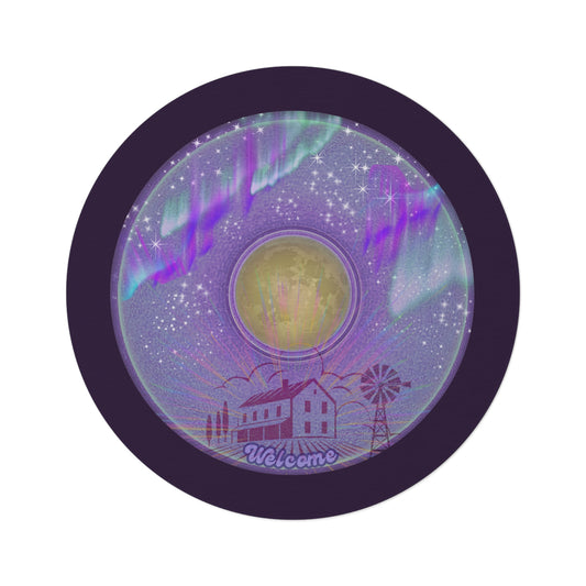 Round Room - 5 ft x 5 ft Lumpy Donut Rug - "Farmhouse Fresh Donut Rug" - vivid purple donut w/midnight purple background