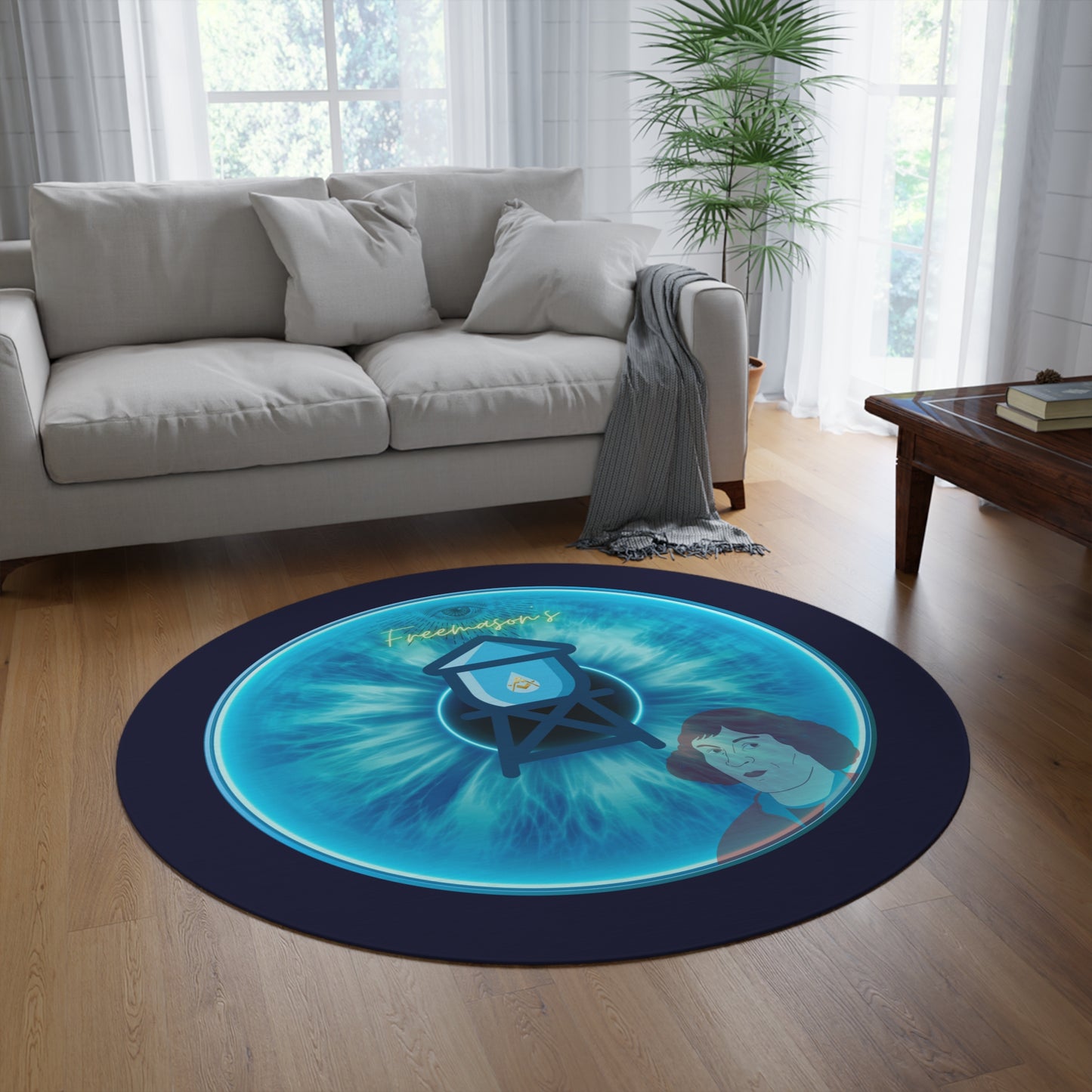 Round Room - 5 ft x 5 ft Lumpy Donut Rug - "The Peering Donut Rug of Opacity" - light blue idonut w/dark navy background - variant 3