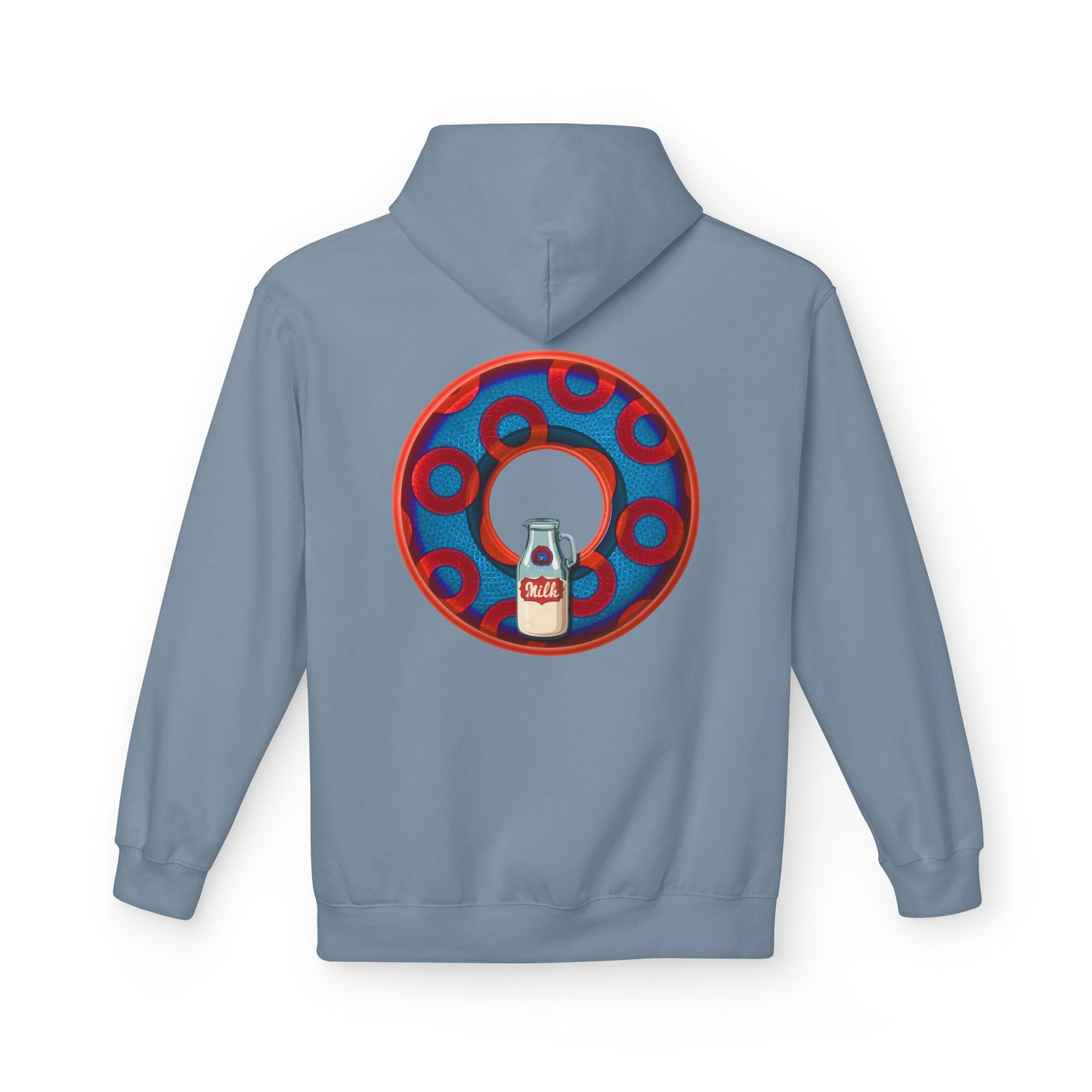 Fleece Harry Hoodies [Midweight Soft-style] - "Wooked Cream Dairy - YEMSG Donut" - blue/red rustic paradox donut - variant 1