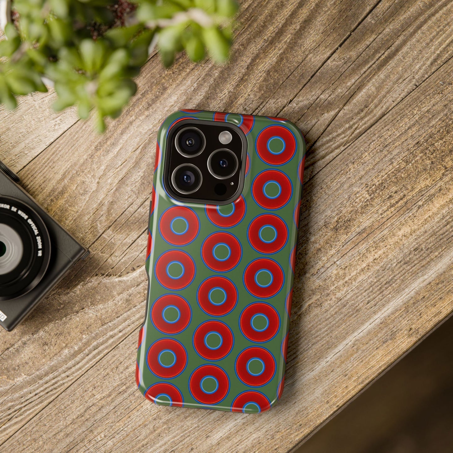 Magnetic Tough Donut Case - red vivid donut print w/dark green background