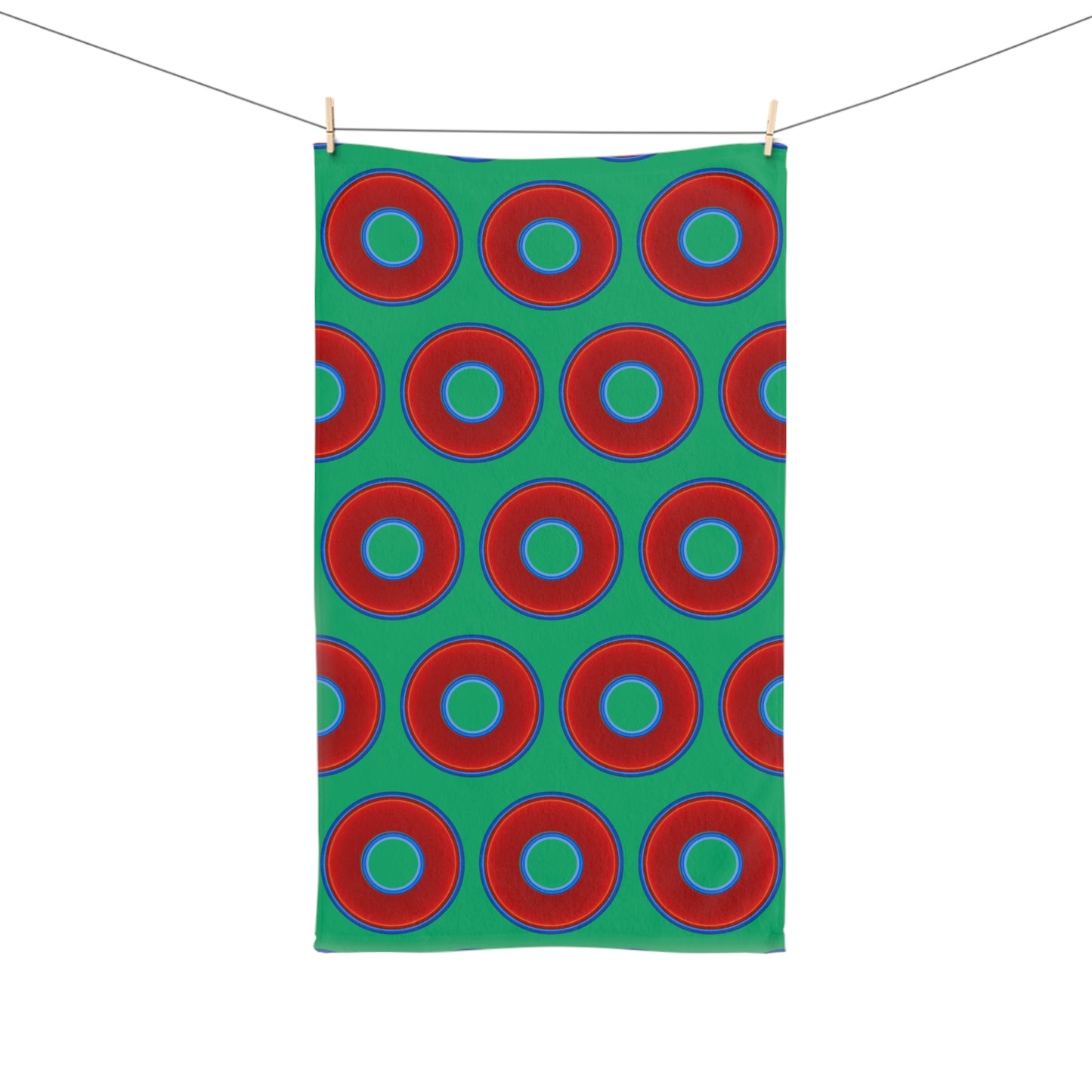 Lumpy Kitchen/Hand Towels - vivid red donuts w/jade green background