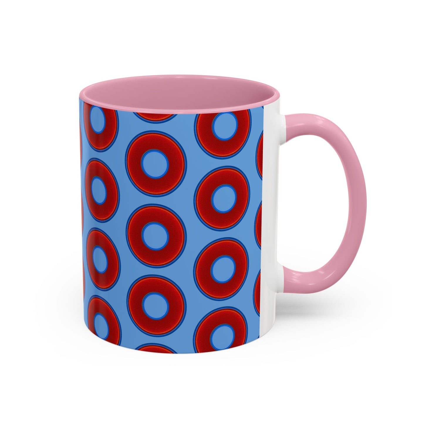 Lump's Grumpy Coffee Mug - vivid red donuts w/light blue background
