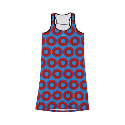 Tela's Lumpy Racerback Donut Dress - red vivid donut print w/light steel blue background