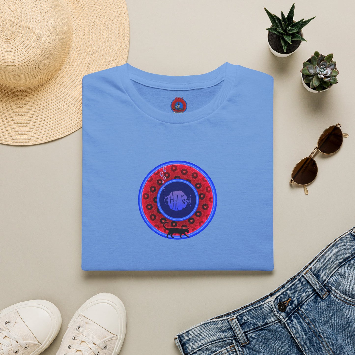 Classic Donut Tee - Unisex Soft-Style - "The Cat's Meow Donut' - red/blue paradox widemouthed donut