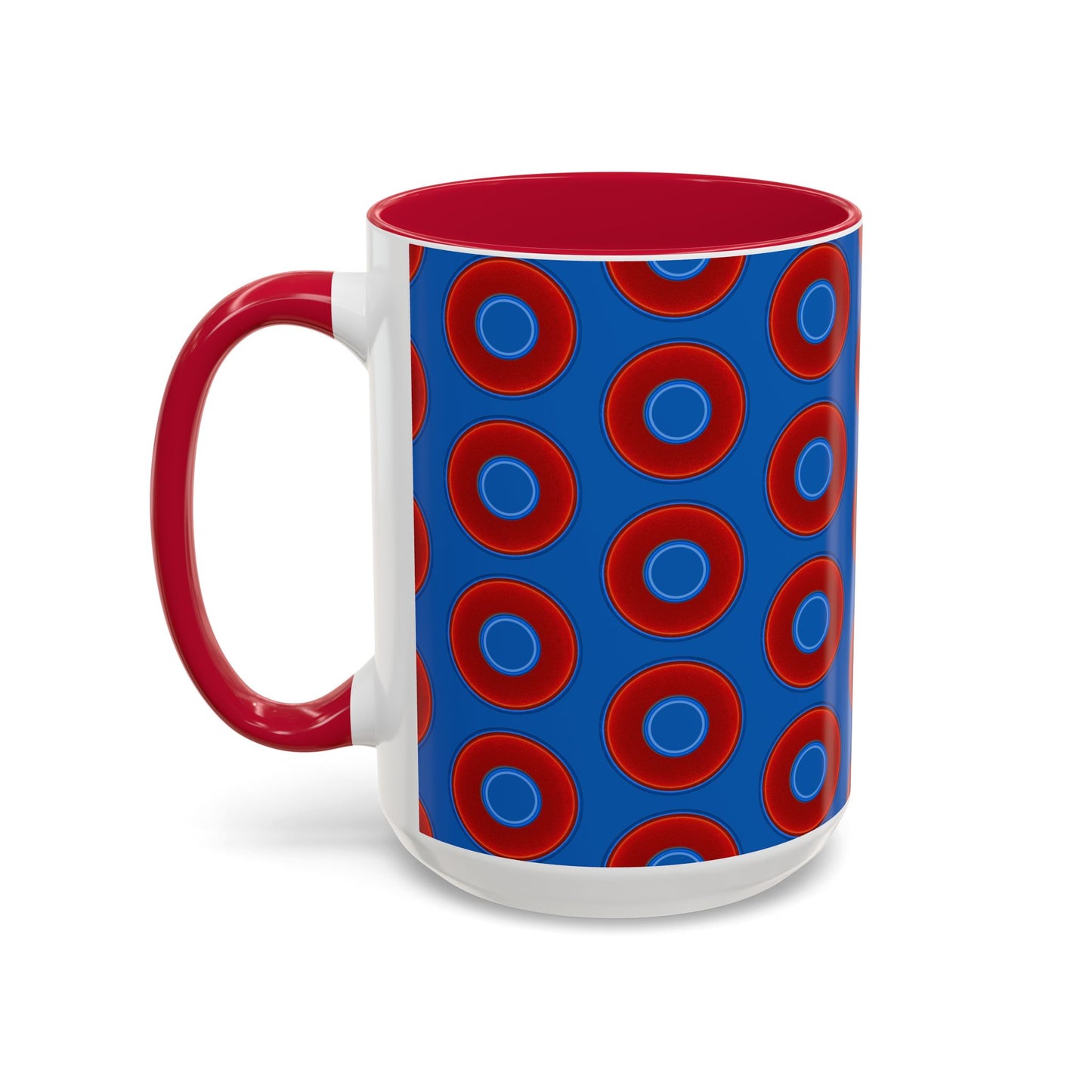 Lump's Grumpy Coffee Mug - vivid red donuts w/dark royal blue background