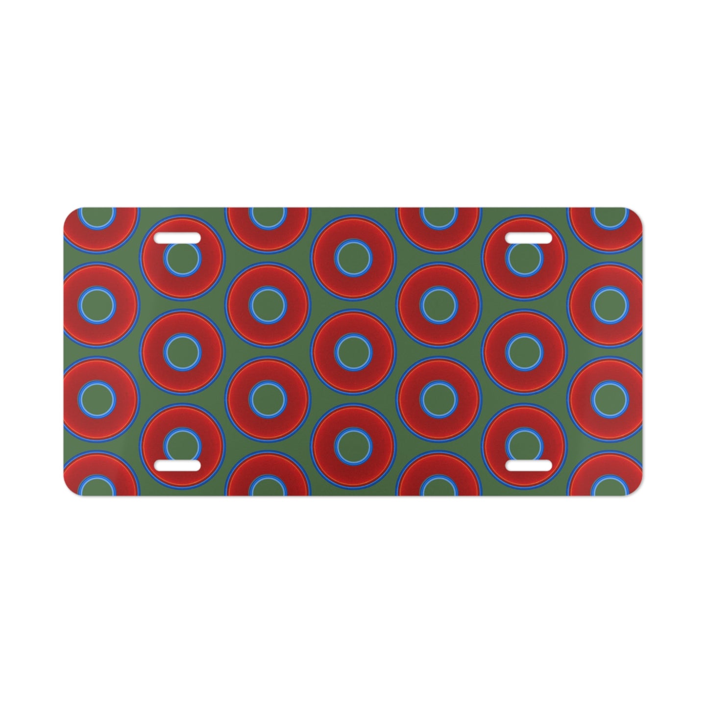 Lumpy Donut Vanity Plate - red vivid donut print w/dark green background