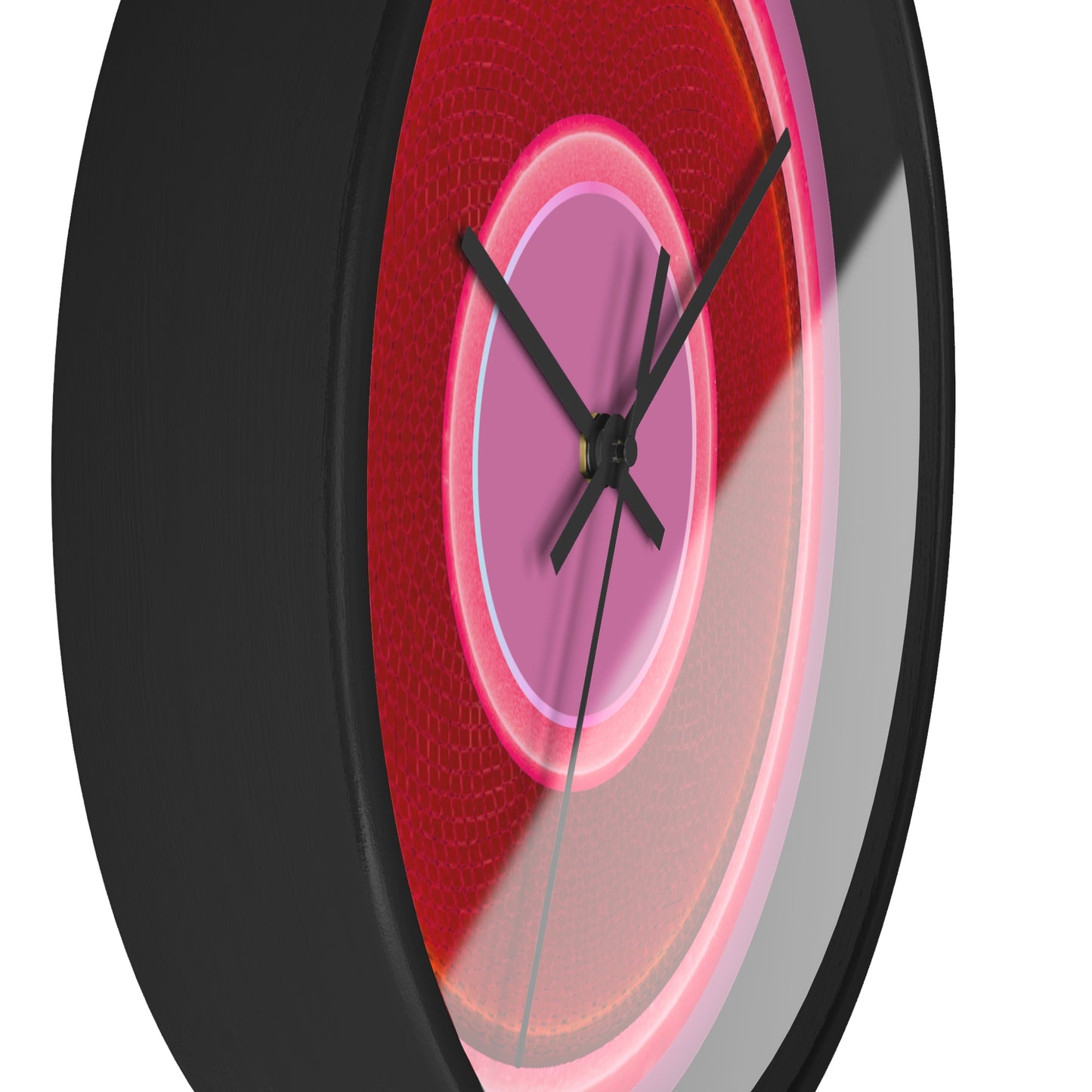 Lumpy Wall Clock - red rustic donut w/pink edging - variant 2 w/pink background