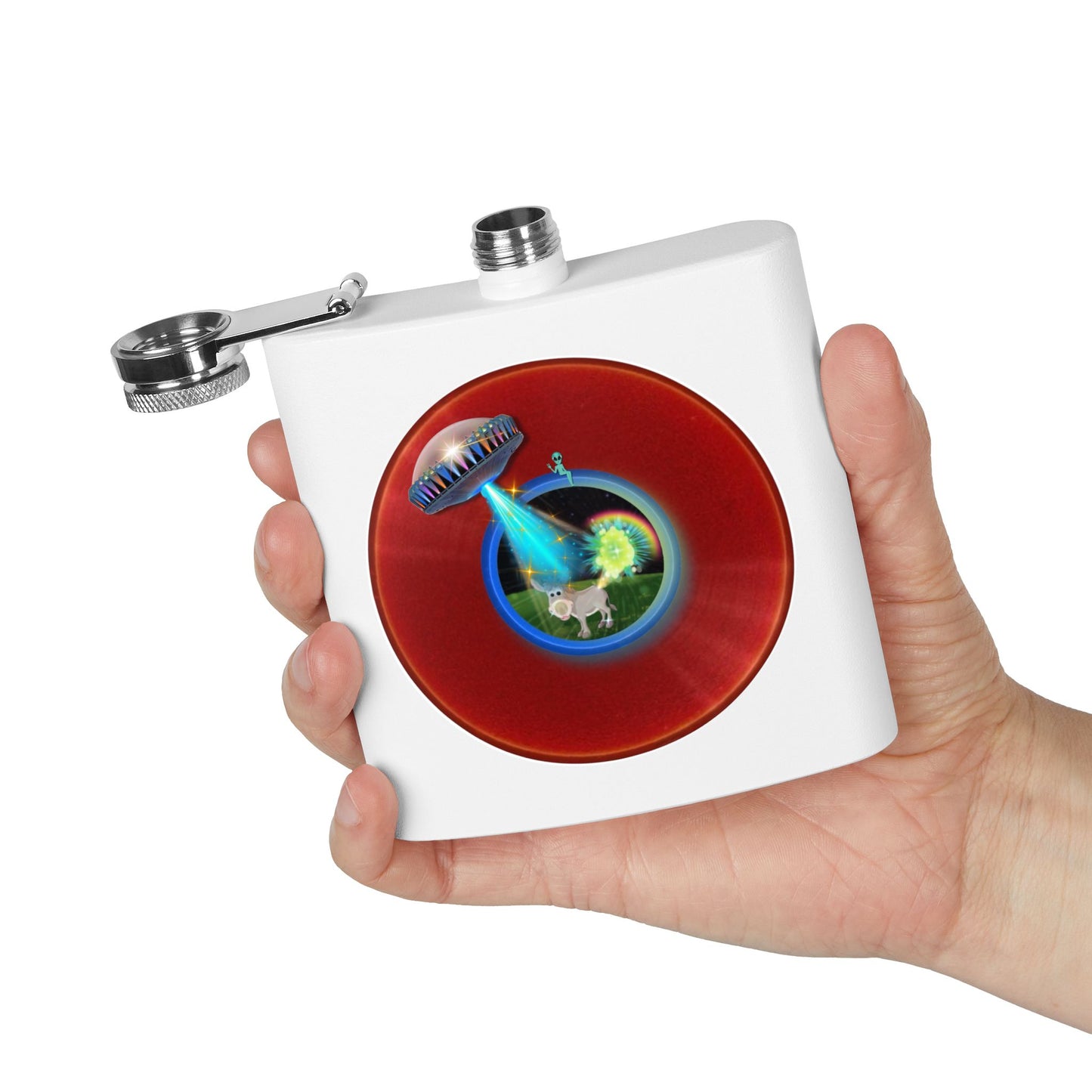 Lump's Donut Flask 6 oz -  "This Flask Scents of a Mule" - vivid red donut - [*w/your choice of 6 backgrounds]