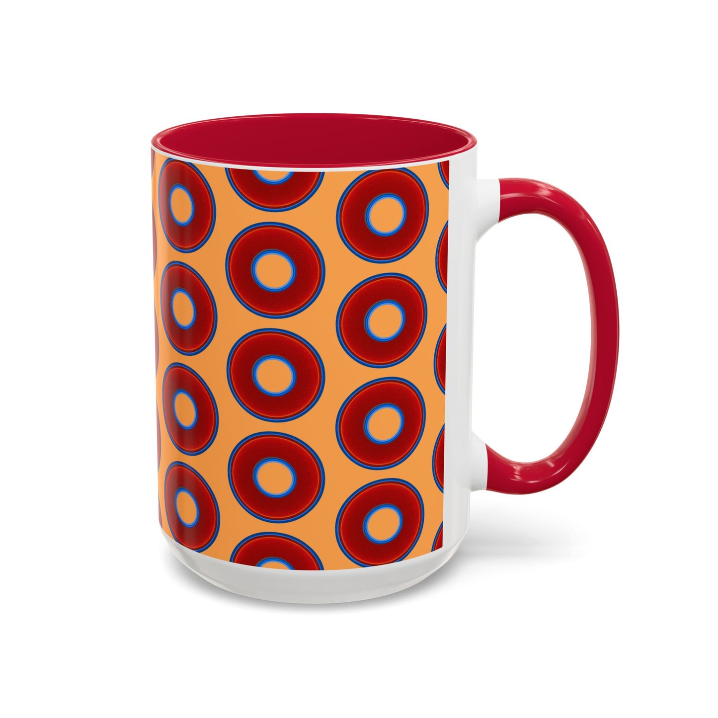 Lump's Grumpy Coffee Mug - vivid red donuts w/creamsicle orange background