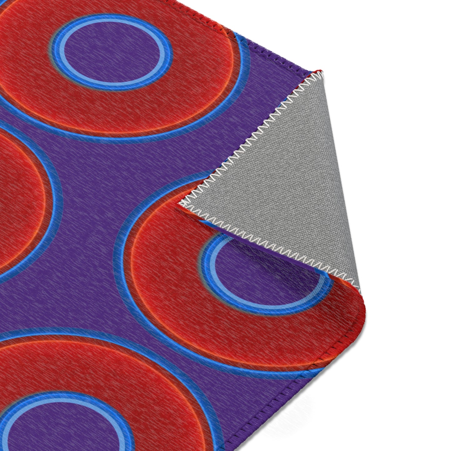 Lumpy Donut Print Rug - choice of 3 sizes - vivid red donut print w/purple background