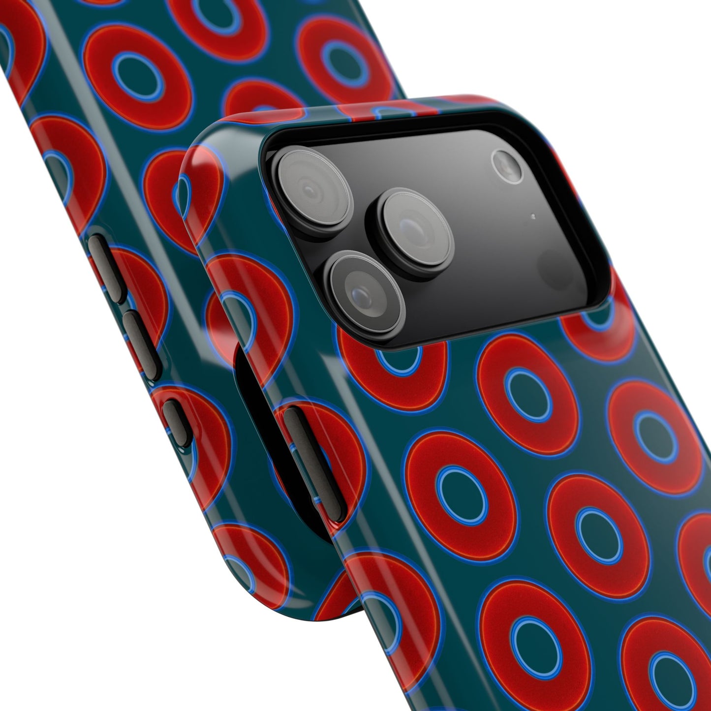 Impact-Resistant Lumpy Donut Case - red vivid donut print w/midnight green background