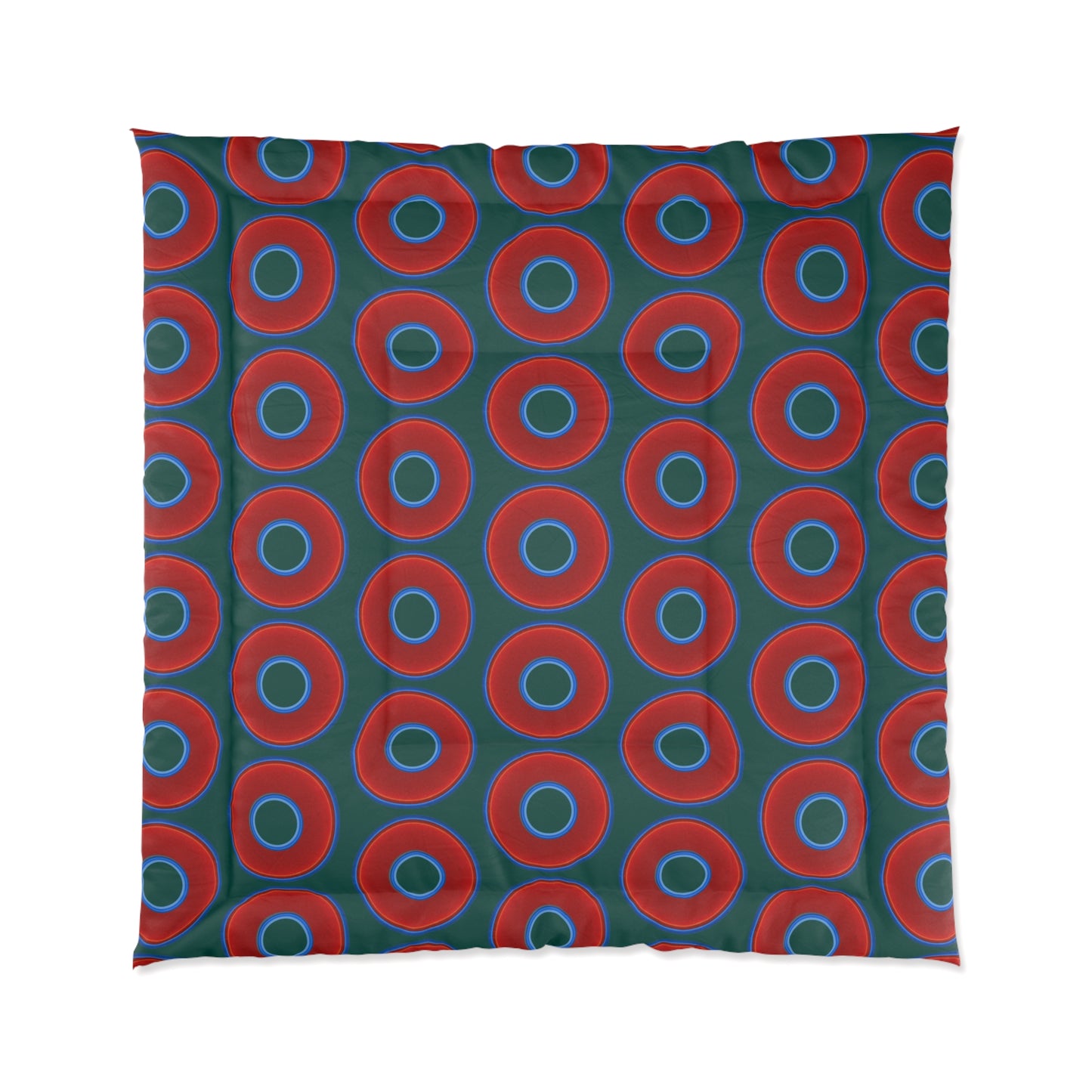 The Very Lumpy Comforter - vivid red donuts w/dark Fenway green background