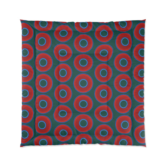 The Very Lumpy Comforter - vivid red donuts w/dark Fenway green background