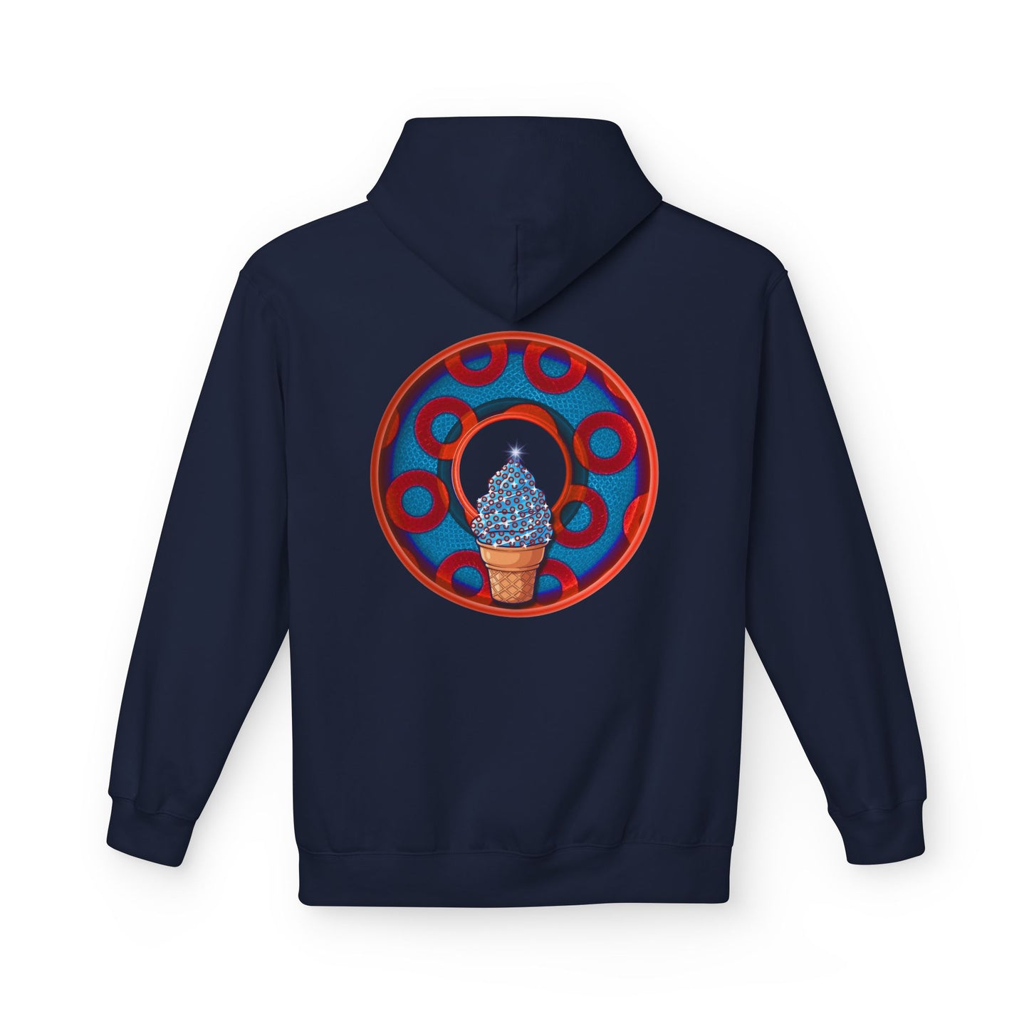Fleece Harry Hoodies [Midweight Soft-style] - "We All Scream It's ICE Cream - YEMSG Donut" - blue/red rustic paradox donut
