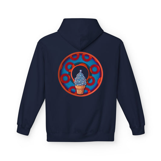 Fleece Harry Hoodies [Midweight Soft-style] - "We All Scream It's ICE Cream - YEMSG Donut" - blue/red rustic paradox donut