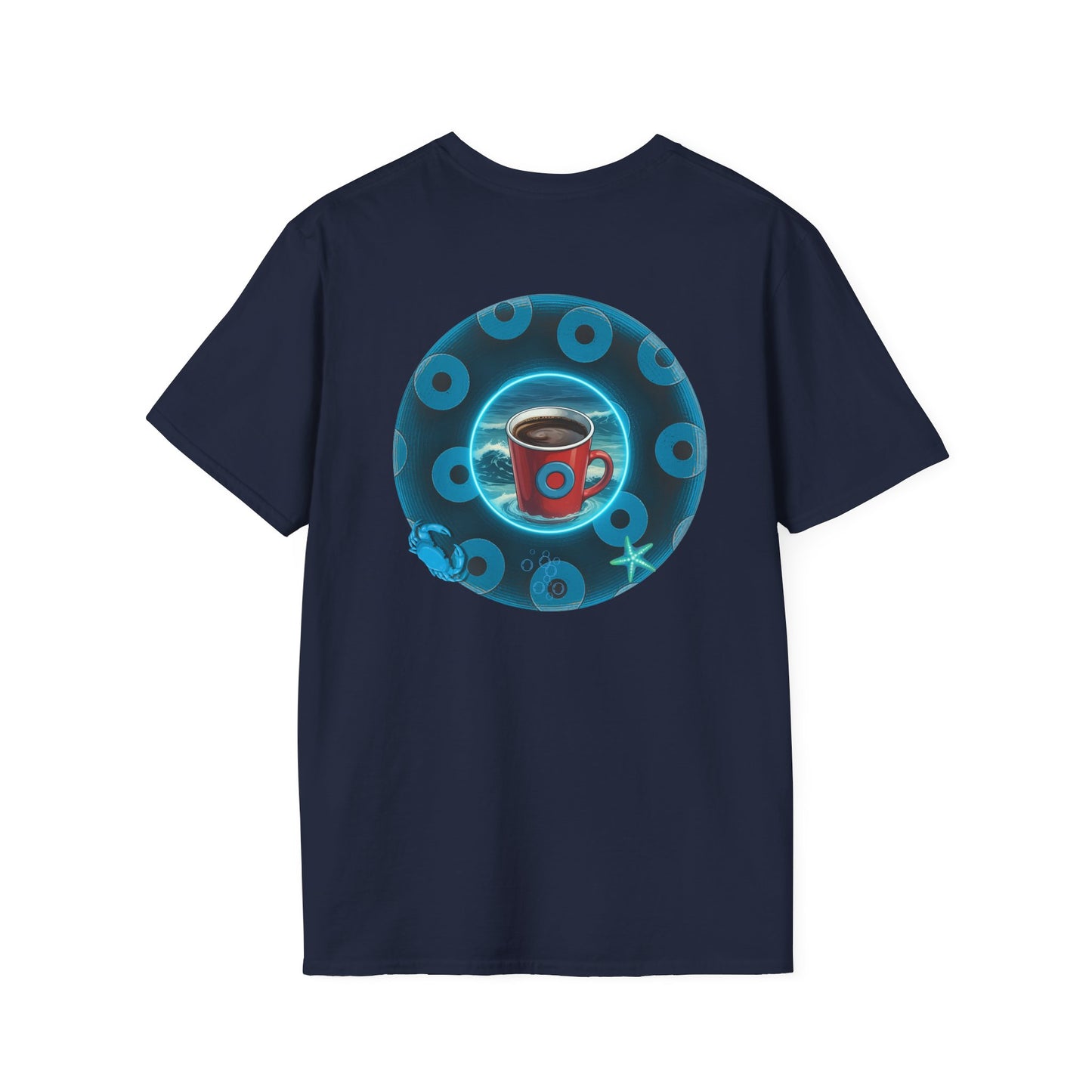 Lumpy Coffee Traders Tee - Unisex Soft-Style - "Good to Last Leaky Drop" - paradoxical ocean donut - variant 1 - logo front/coffee back