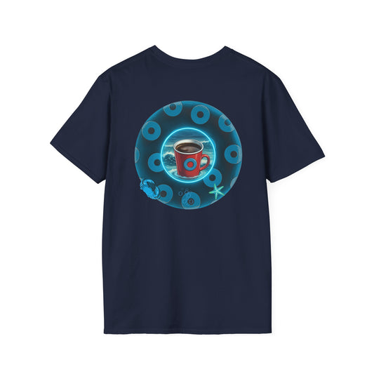 Lumpy Coffee Traders Tee - Unisex Soft-Style - "Good to Last Leaky Drop" - paradoxical ocean donut - variant 1 - logo front/coffee back