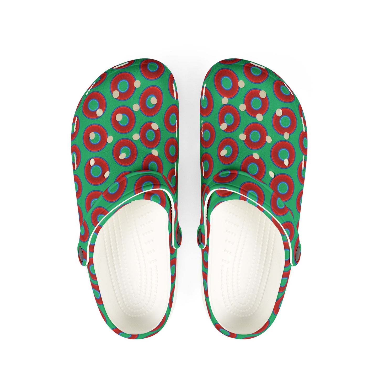 Spatchcocks - donut slip-on shoes - vivid red donuts w/jade green background [unisex]
