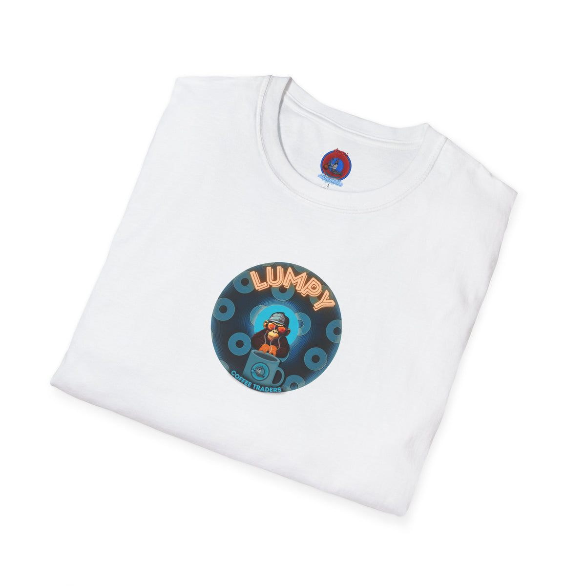 Coffee Traders Tee - Unisex Soft-Style - "Tasty Coffee" - paradoxical donut/cubed blue donut - variant 2 - logo front/It's Ice Cube's back