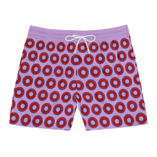 Men's Lumpy Swim Trunks - vivid red donut print w/wisteria purple background
