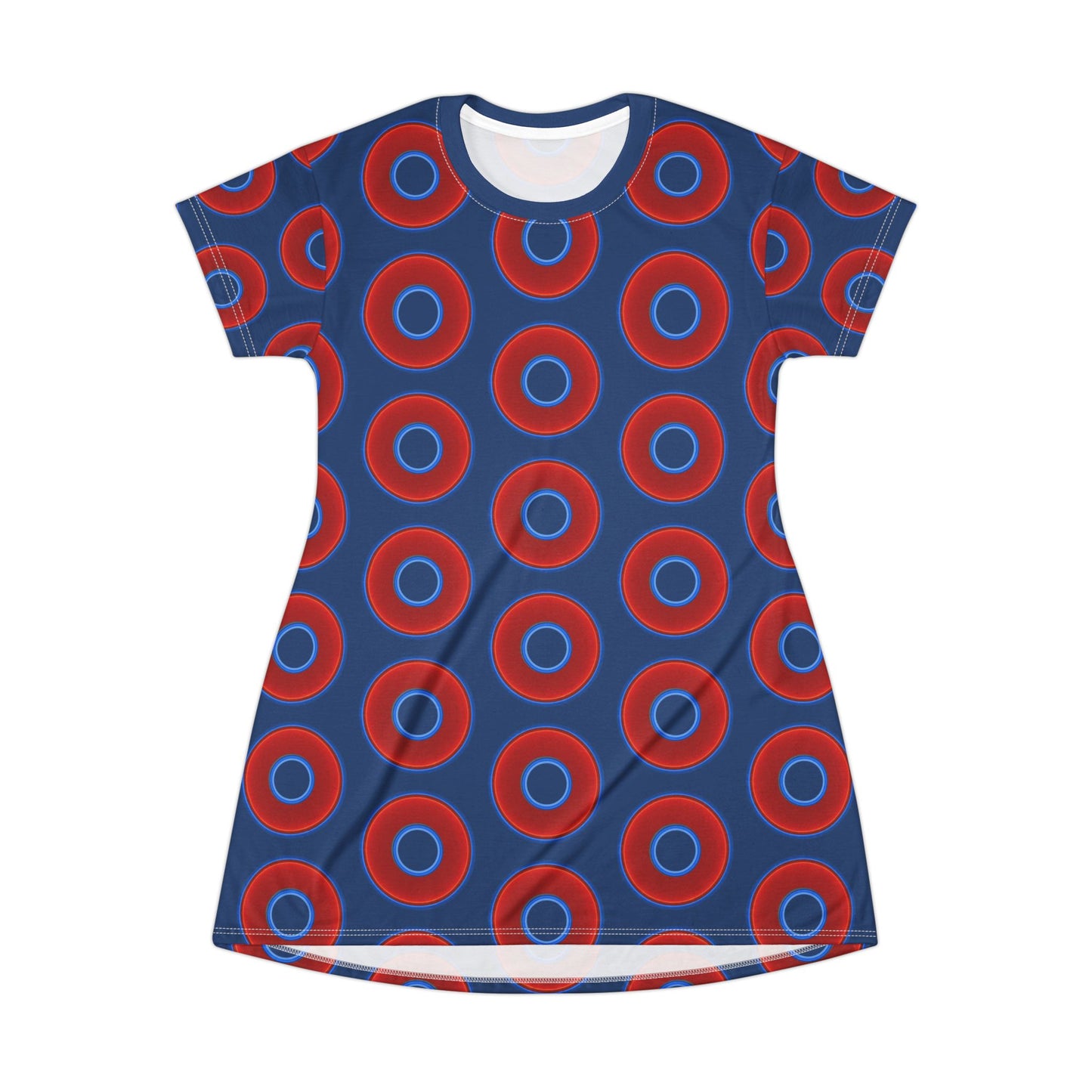 Not a Muumuu AOP Tee Shirt Dress - red vivid donuts w/Atlantic navy blue background
