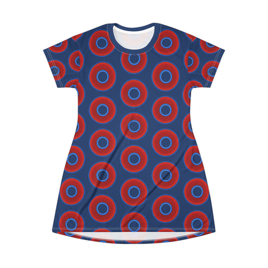 Not a Muumuu AOP Tee Shirt Dress - red vivid donuts w/Atlantic navy blue background