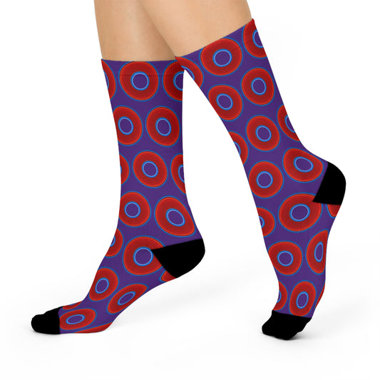 Lumpy Sox - cushioned crew - vivid red donut print w/purple background