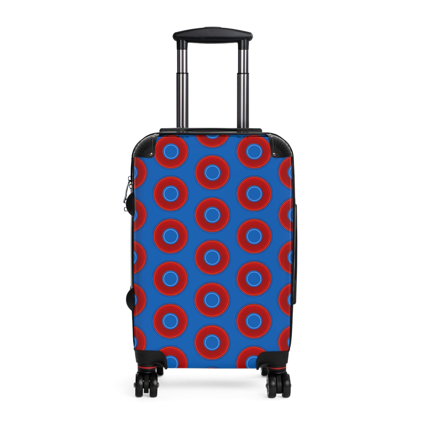 The Very Lumpy Donut Suitcase series - your choice of S, M or L - vivid red donut print w/dark royal blue background