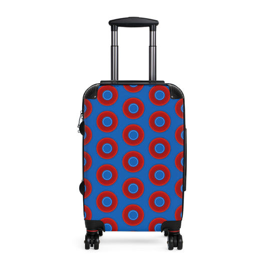 The Very Lumpy Donut Suitcase series - your choice of S, M or L - vivid red donut print w/dark royal blue background