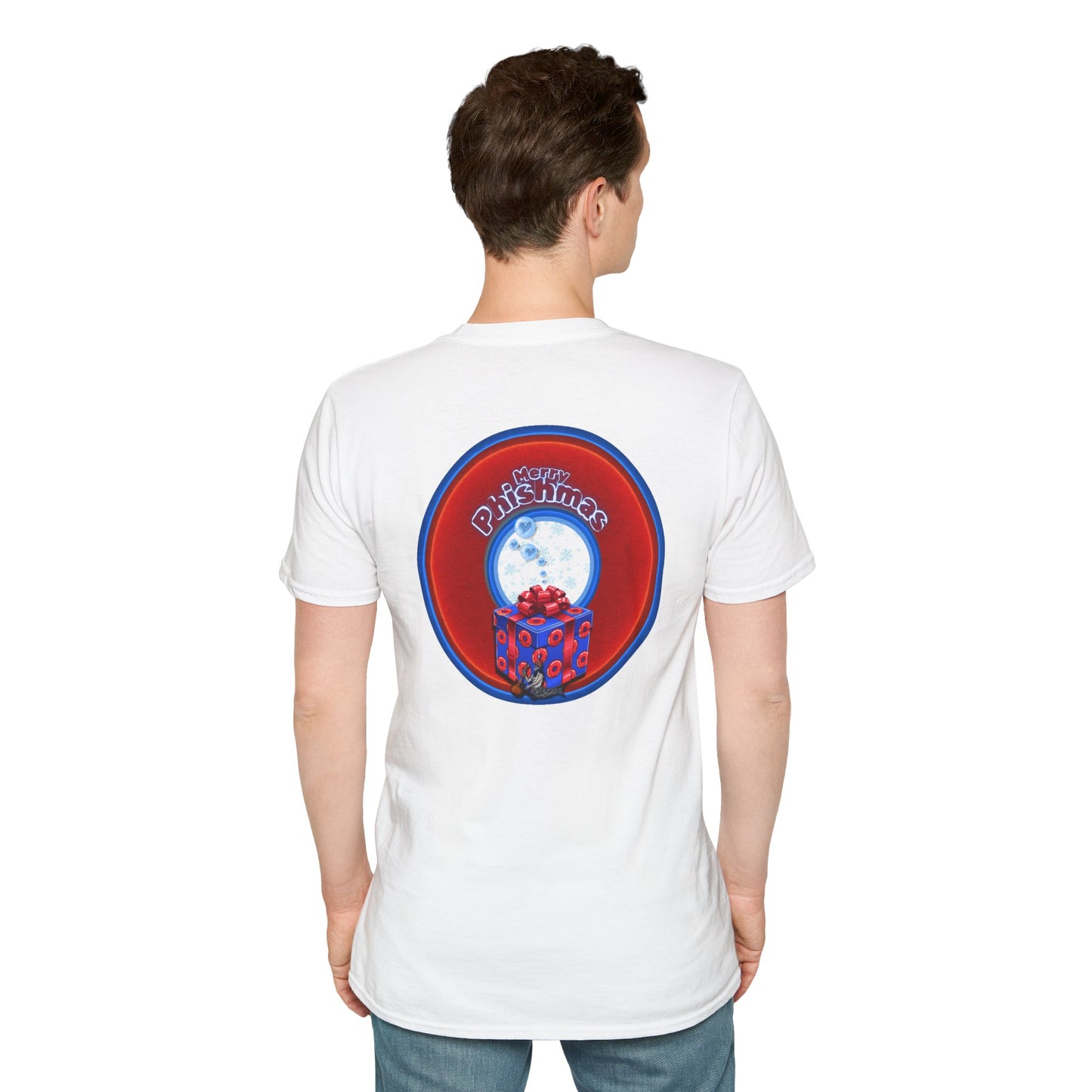 Classic Donut Tee - Unisex Soft-Style - "Phishmas Caroler's Tee " - vivid red/blue donut - variant 3