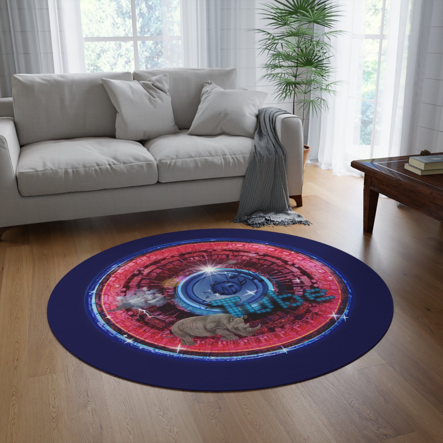 Round Room - 5 ft x 5 ft Lumpy Donut Rug - "Rhinos Do Run From Thunder & Donut Rugs" - vivid red/blue tube donut w/navy blue background - variant 1